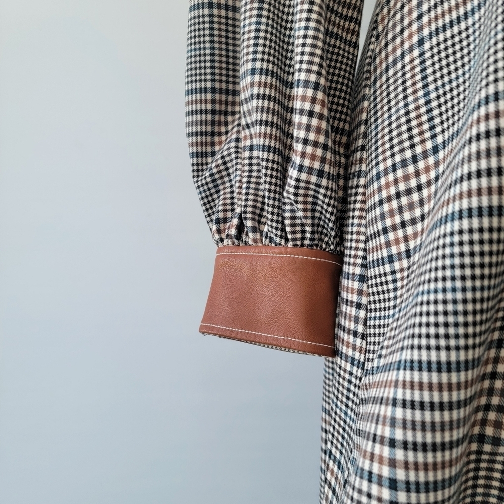 STAUD Plaid Mini Dress Size 8 Glen Check Gray Brown Faux Leather Minimalist Boho - Picture 15 of 16